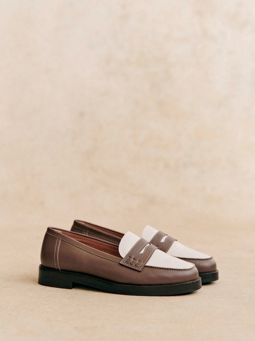 Sezane Brown and White Leather Penny Loafers - Picture 3 of 7